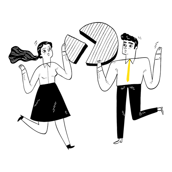 Two people holding a pie chart