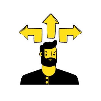 make the right choice -  illustration of a bearded person with three yellow directional arrows pointing different ways above their head