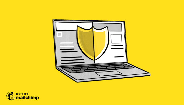 Illustration of a laptop displaying a yellow security shield icon on its screen, set against a bright yellow background