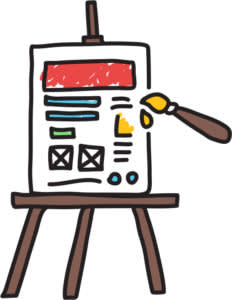 Hand-drawn illustration of a presentation easel with a document showing red header, blue text lines, and a yellow highlighter marker