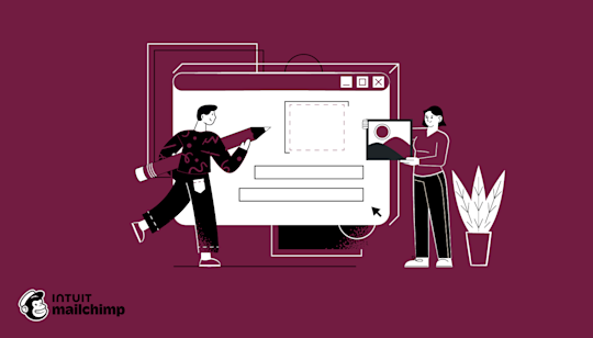 Stylized illustration showing two people collaborating on a digital interface with a large pencil, set against a deep purple background