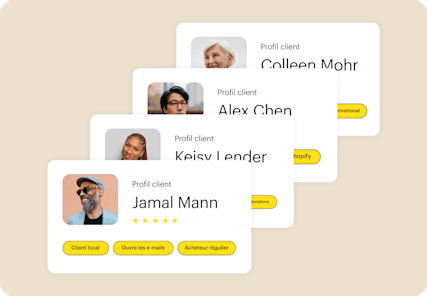 Image montrant l’interface utilisateur abstraite flottante de divers profils client, illustrant comment les utilisateurs peuvent identifier des modèles parmi les contacts importants.