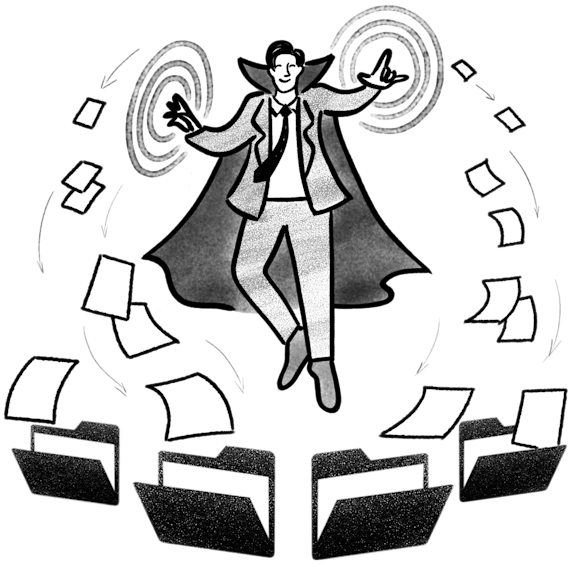 Man with cape, organizing files into folders