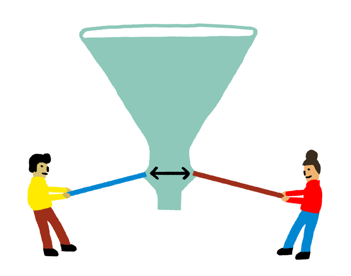 Three cartoon figures pulling ropes connected to a large mint-green funnel shape, illustrating a collaborative effort