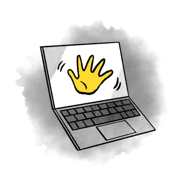 Laptop with a hand on the screen