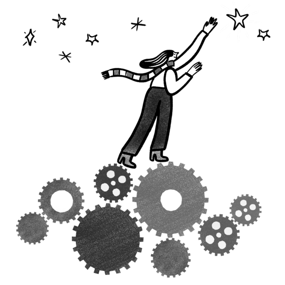 Woman walking on gears