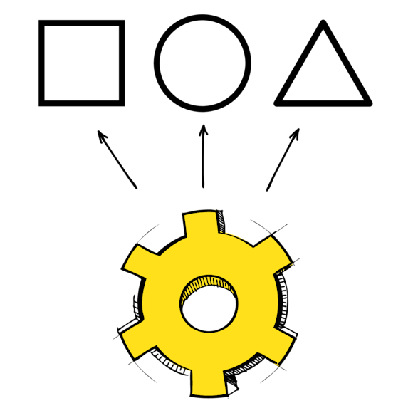 square, circle, square and a gear