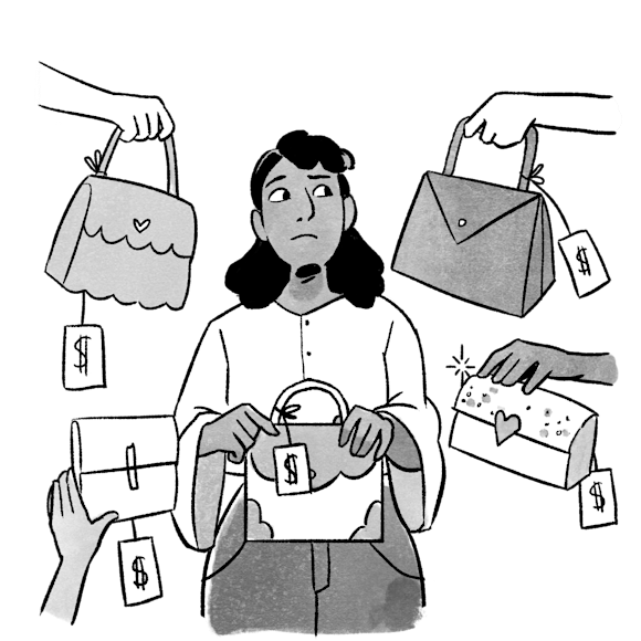 Person getting handed various purses for sale