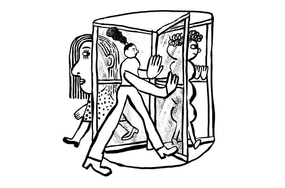 Woman walking through revolving door alongside other creatures