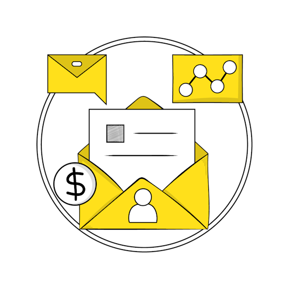 Circular icon showing yellow envelope with letter, dollar sign, user profile icon, and analytics graph, representing business communications