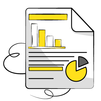 customer relationships - line drawing of a document and charts with yellow highlights