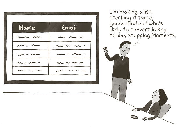 Cartoon showing email list management with two people discussing holiday shopping conversion strategy next to name and email forms