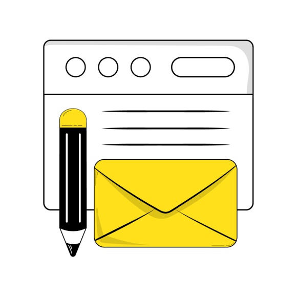 Line drawing of a browser window with a black pencil and yellow envelope icon, representing content creation and messaging