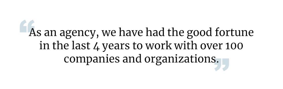 Quote text stating agency has collaborated with over 100 companies and organizations during past 4 years, shown in black text with gray quotation marks