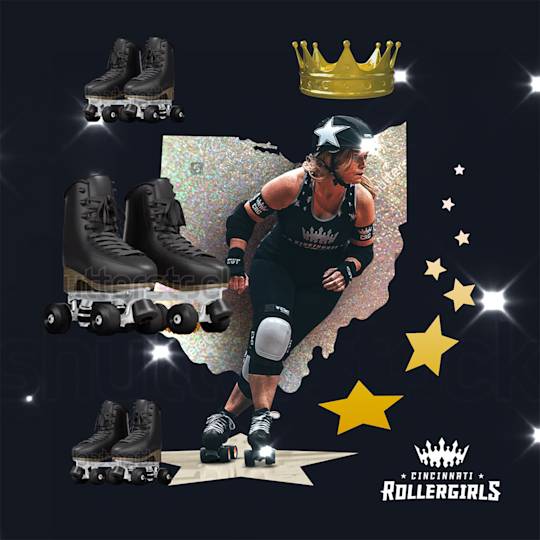 Roller derby athlete in black uniform skating dynamically, surrounded by roller skates, gold crown, stars and Cincinnati Rollergirls logo