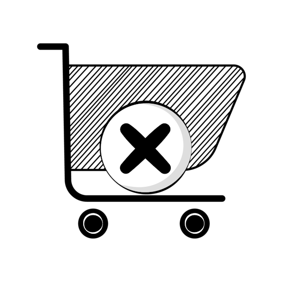 Simple black line drawing of a shopping cart with diagonal stripes and an X symbol, shown in side view with two wheels