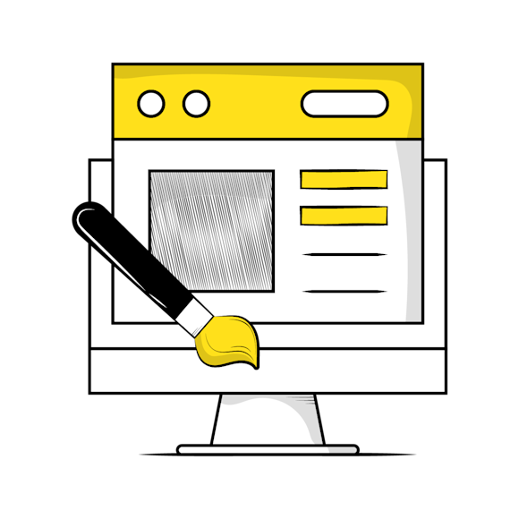 mobile friendly website - Cartoon illustration of a computer monitor with a paint brush and web layout