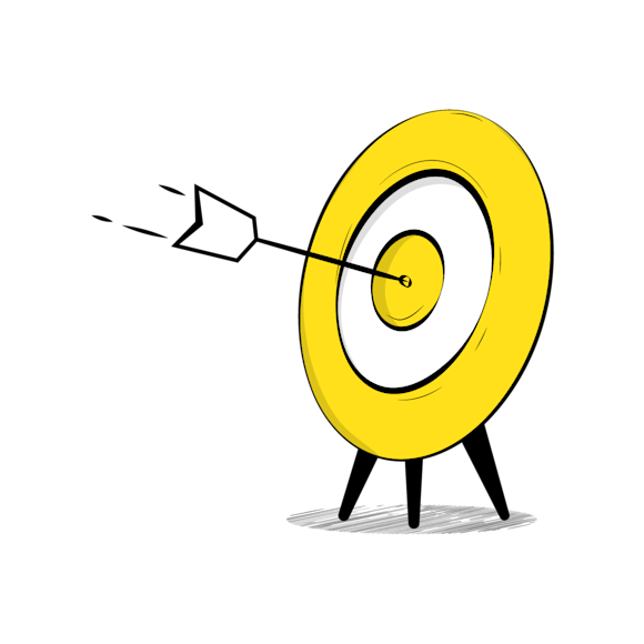 Yellow and white bullseye target with black legs, hit by an arrow in the center