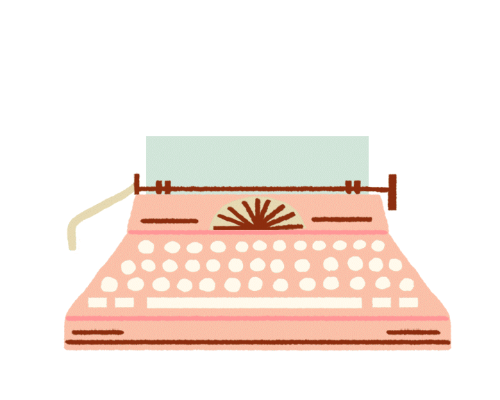 Illustration of a pink vintage typewriter with white keys and a mint green paper loaded in the carriage
