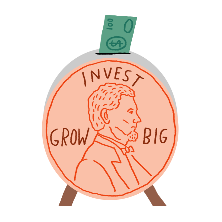 Illustration of a penny piggy bank with "INVEST GROW BIG" text, with a green dollar bill being inserted at the top