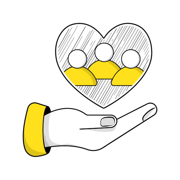 prioritize customer care - An open hand with yellow sleeve holding up a heart shape containing three yellow figures