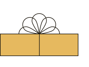 Simple line drawing of a gold-colored rectangular gift box with a decorative bow outline on top