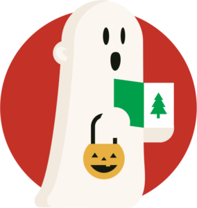 Cartoon ghost holding a card and orange pumpkin basket against a red circular background