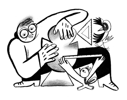 Image of a person and two birds sculpting an object.