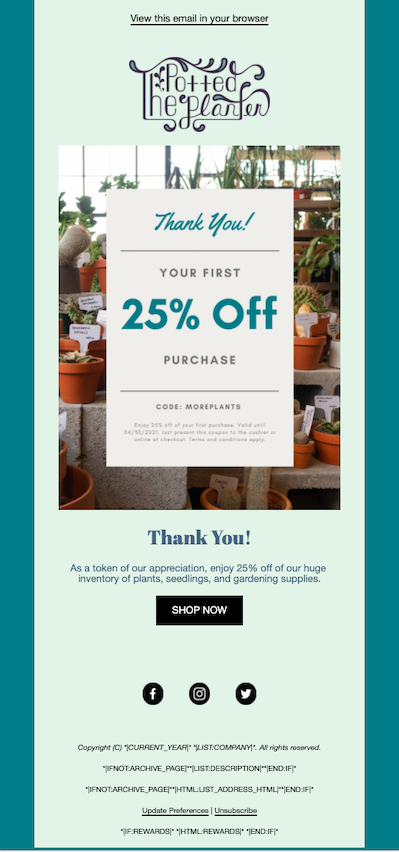 An example of an email designed in the new builder with a discount code for 25 percent off