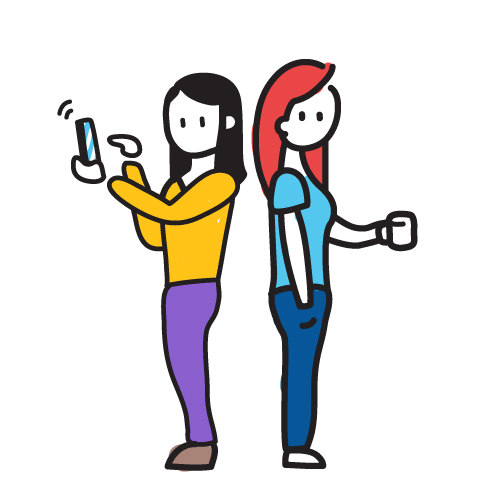 Simple cartoon illustration of two people standing back-to-back, each holding and looking at their mobile phones.