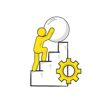 dropshipping challenges - Simple line drawings showing a yellow stick figure interacting with mechanical gears and geometric shapes