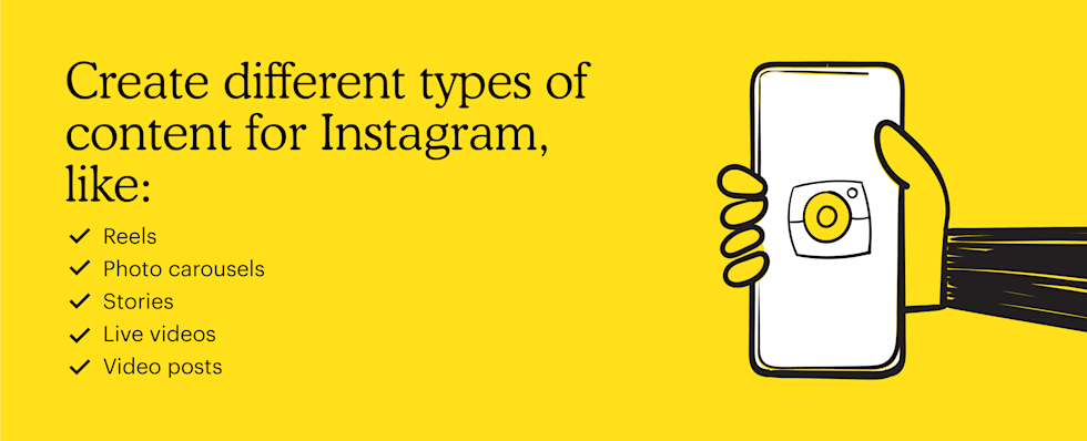 Instagram content types include reels, photo carousels, stories, live videos, and video posts.