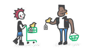 Two stick figure characters exchanging money and groceries, drawn in a simple cartoon style with basic colors