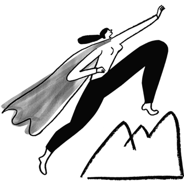 Person with cape/superhero leaping over mountain.