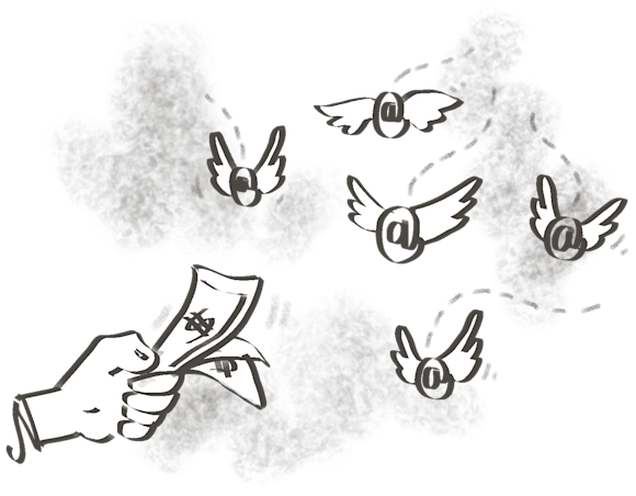 Hand holding money and flying @ symbols