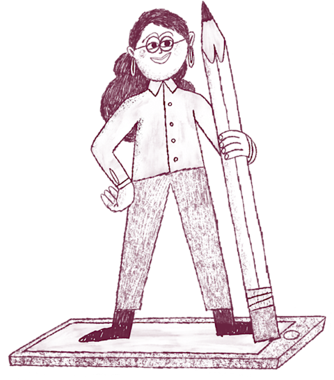 Burgundy illustration of a smiling person with glasses and long hair standing confidently while holding a large pencil