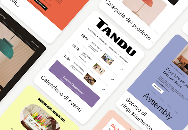 Una varietà di temi disponibili in Mailchimp, applicati a layout predefiniti come “calendario eventi” e “sconto ringraziamento”.