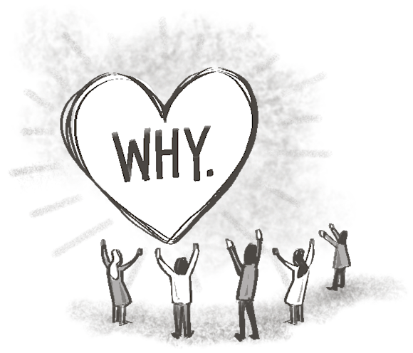 People gathering around the word “why” within a heart