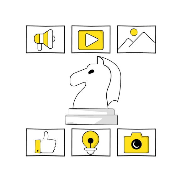 Line drawing of a chess knight piece surrounded by six icons: megaphone, play button, landscape, thumbs up, light bulb, and camera in yellow and black