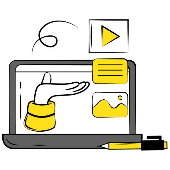 start a business - Line drawing of a laptop screen showing a hand gesture icon with yellow accents, play button, text bubble, and image icon