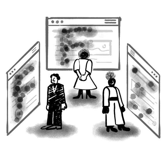 3 people viewing websites using the F pattern