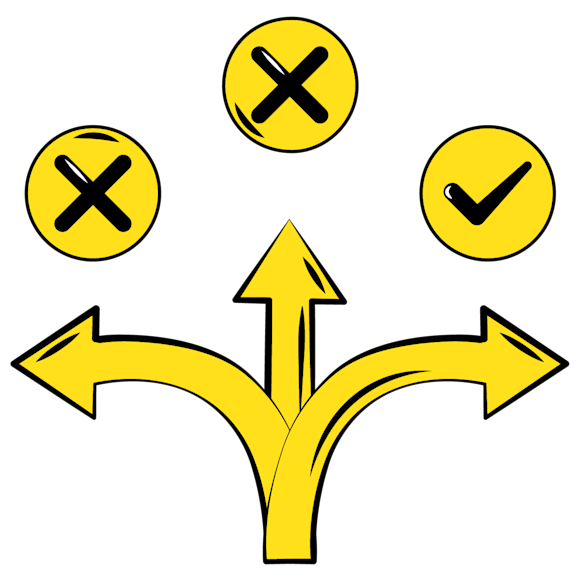3 arrows and 3 circles with x’s and check marks