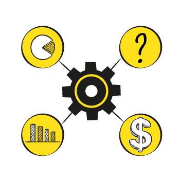 send emails - a gear icon with four yellow circles, each containing a different icon (pie chart, question mark, bar graph, dollar sign)