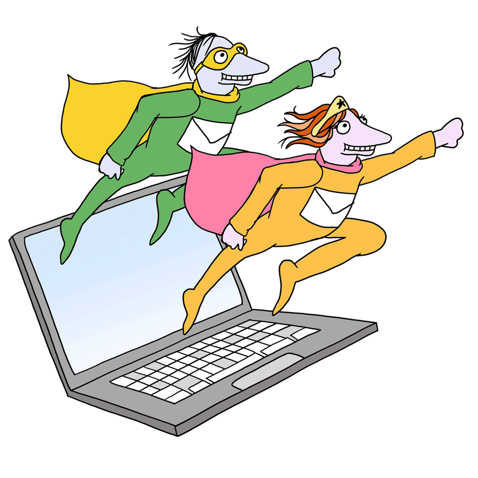 Cartoon characters in colorful clothing leaping out of a laptop screen, depicting digital engagement or online interaction