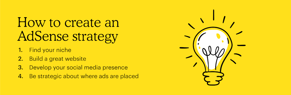 How to create an AdSense strategy: 1. Find your niche 2. Build a great site 3. Develop your social media presence 4. Be strategic about where ads are placed
