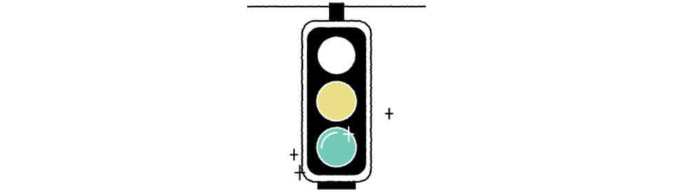 A simple traffic light illustration showing white, yellow, and turquoise circles with small plus signs scattered around it