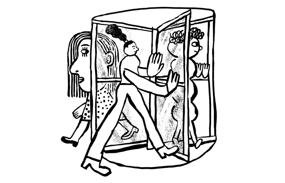 Illustration of people in a revolving door.