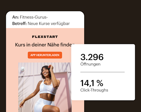 Eine Marketing-E-Mail mit der Schaltfläche „App herunterladen“, die neben den Statistiken zum Öffnen und zur Klickrate von Mailchimp angezeigt wird.