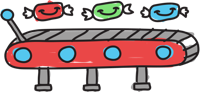 Cartoon illustration of a red conveyor belt with three colorful candies moving along it