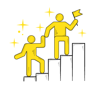democratic leadership - Yellow stick figures climbing upward steps, with sparkles and stars in the background